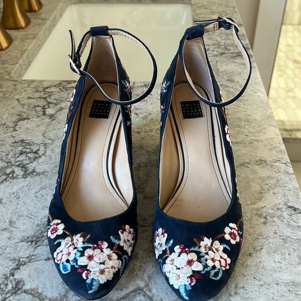 White House Black Market Navy Suede Floral Heels